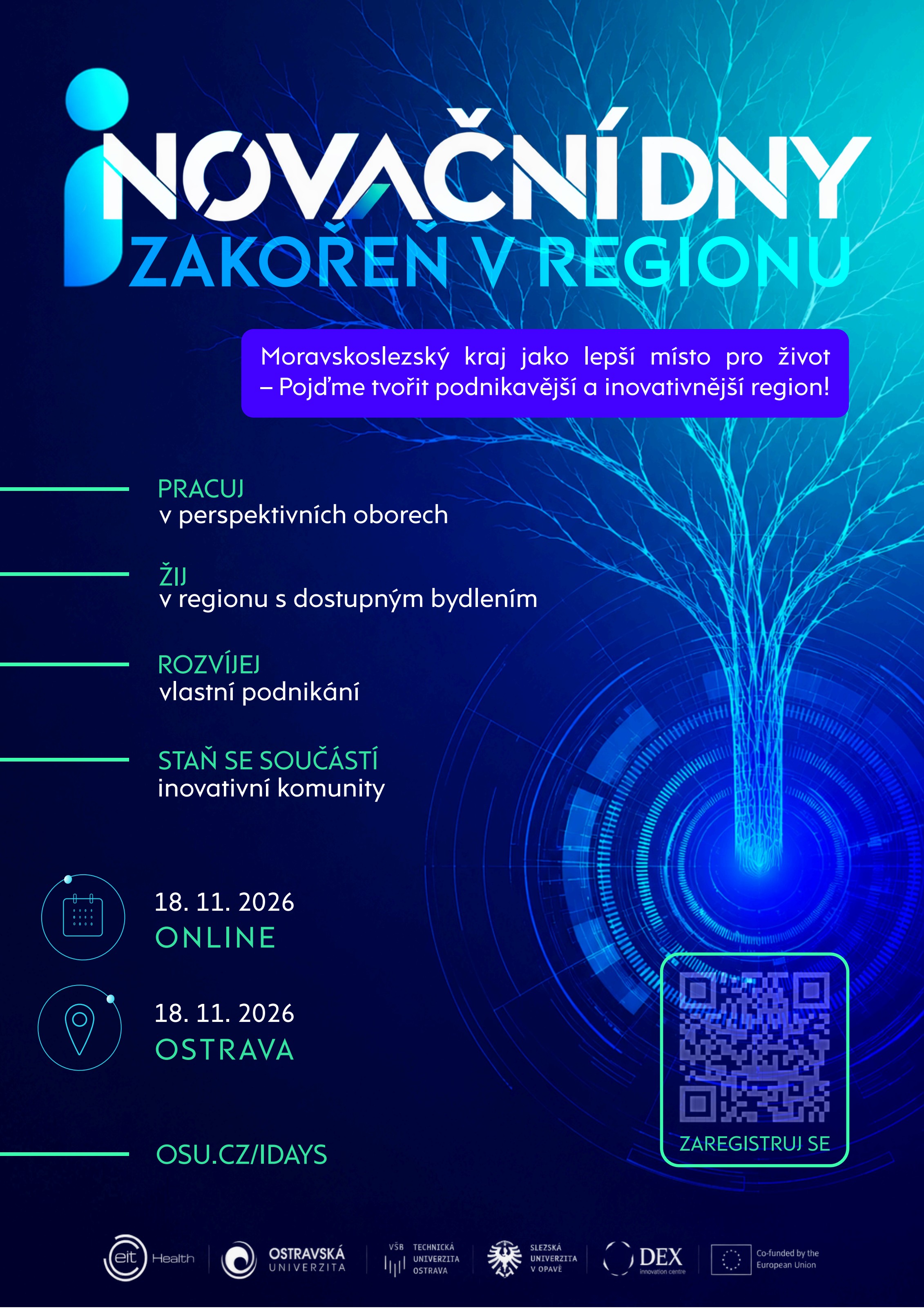 Plakát Inovační dny – Zakořeň v regionu, 18. 11. 2026, Ostrava a online